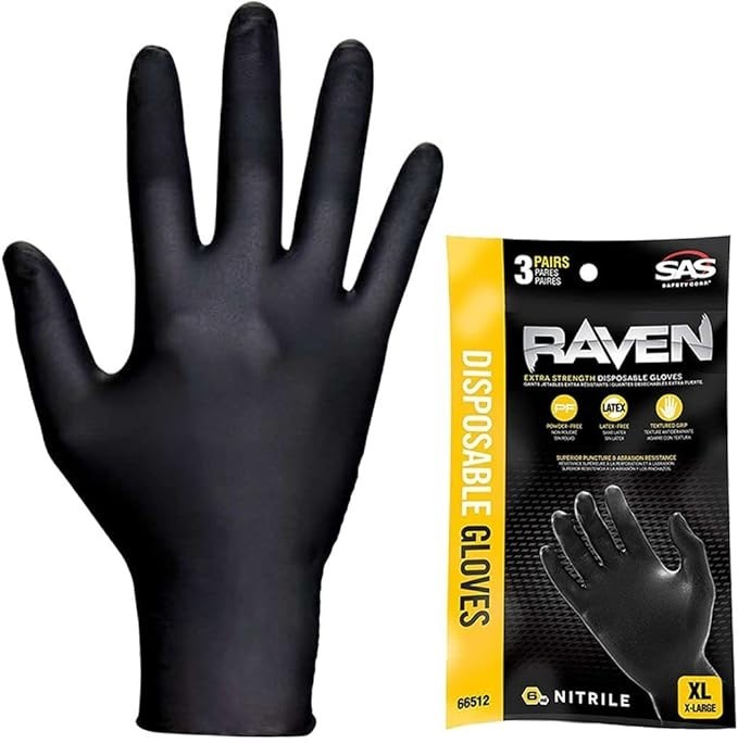 SAS Safety 66512 Raven Powder-Free Nitrile Gloves – (3 Pair Per Bag)