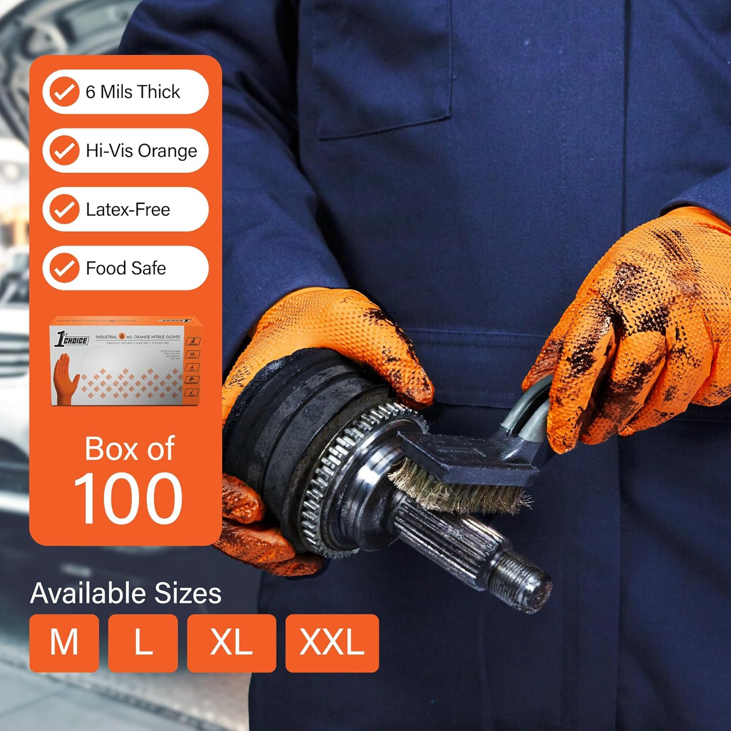6 Mil Orange Gloves, Disposable, Latex Free, Raised Diamond Grip, Mechanic Glove