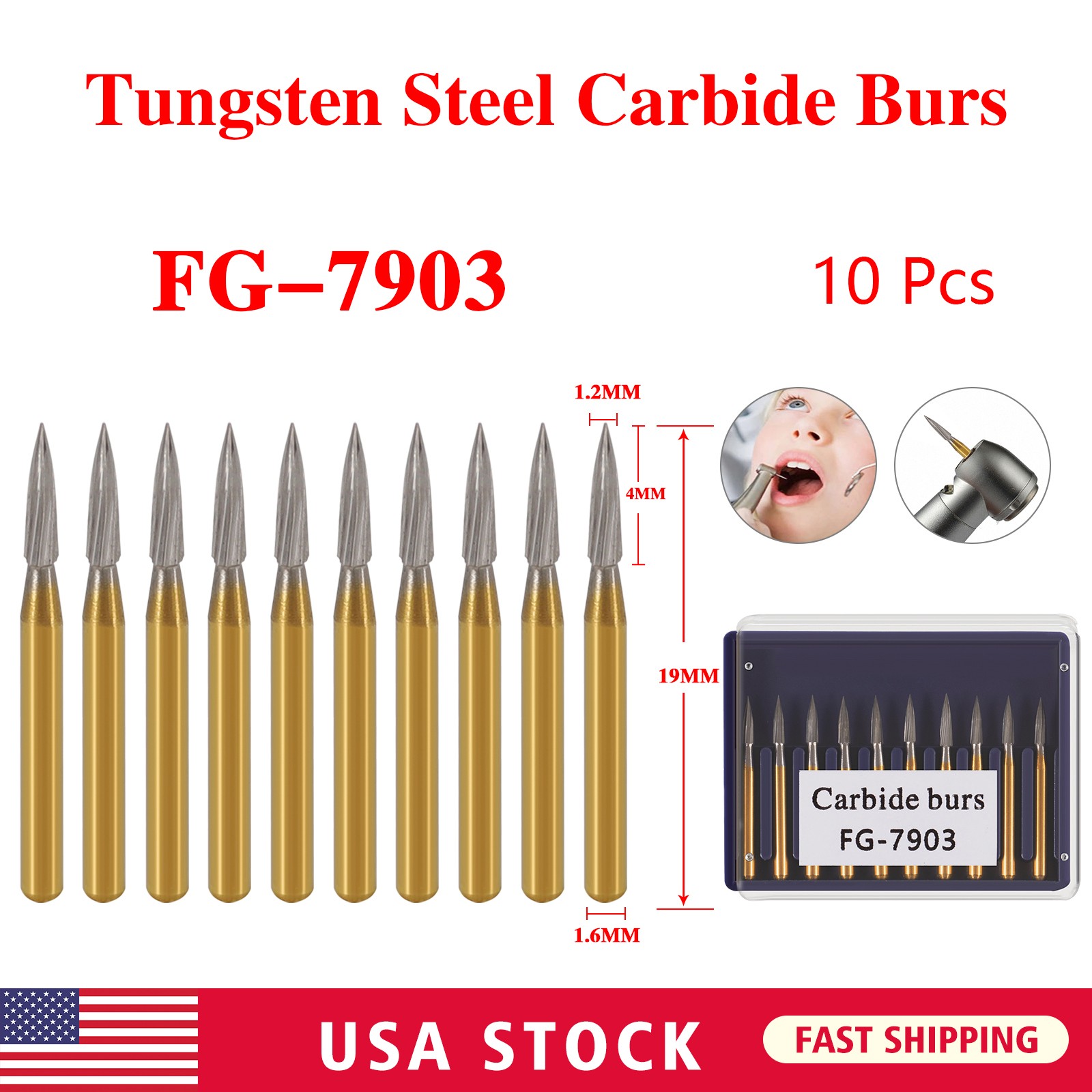 10 Pcs Dental Carbide Trimming Finishing Burs FG7408/7903 Gold Burs Carbide Burs