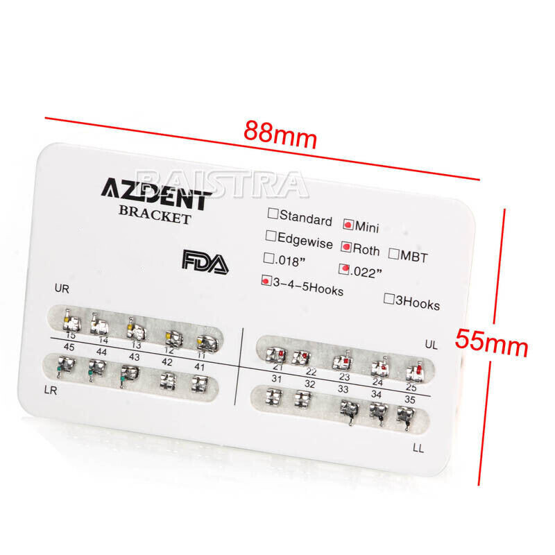 50 Packs AZDENT Dental Orthodontic Bracket Braces Mini Roth Slot.022 Hooks 3-4-5
