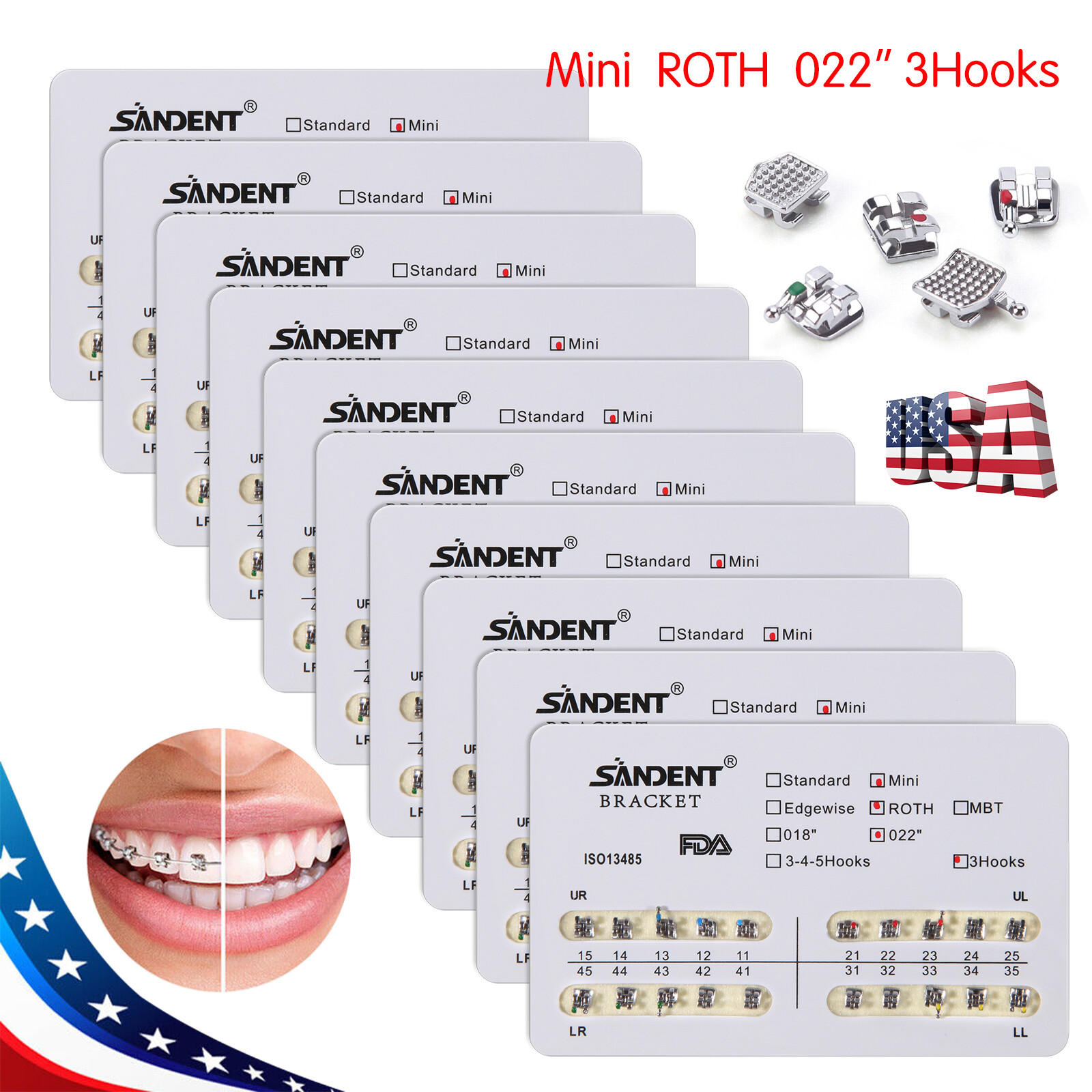 10 Packs Orthodontics Metal Mini Roth 022 Slot with 3 Hooks Brackets Braces USA