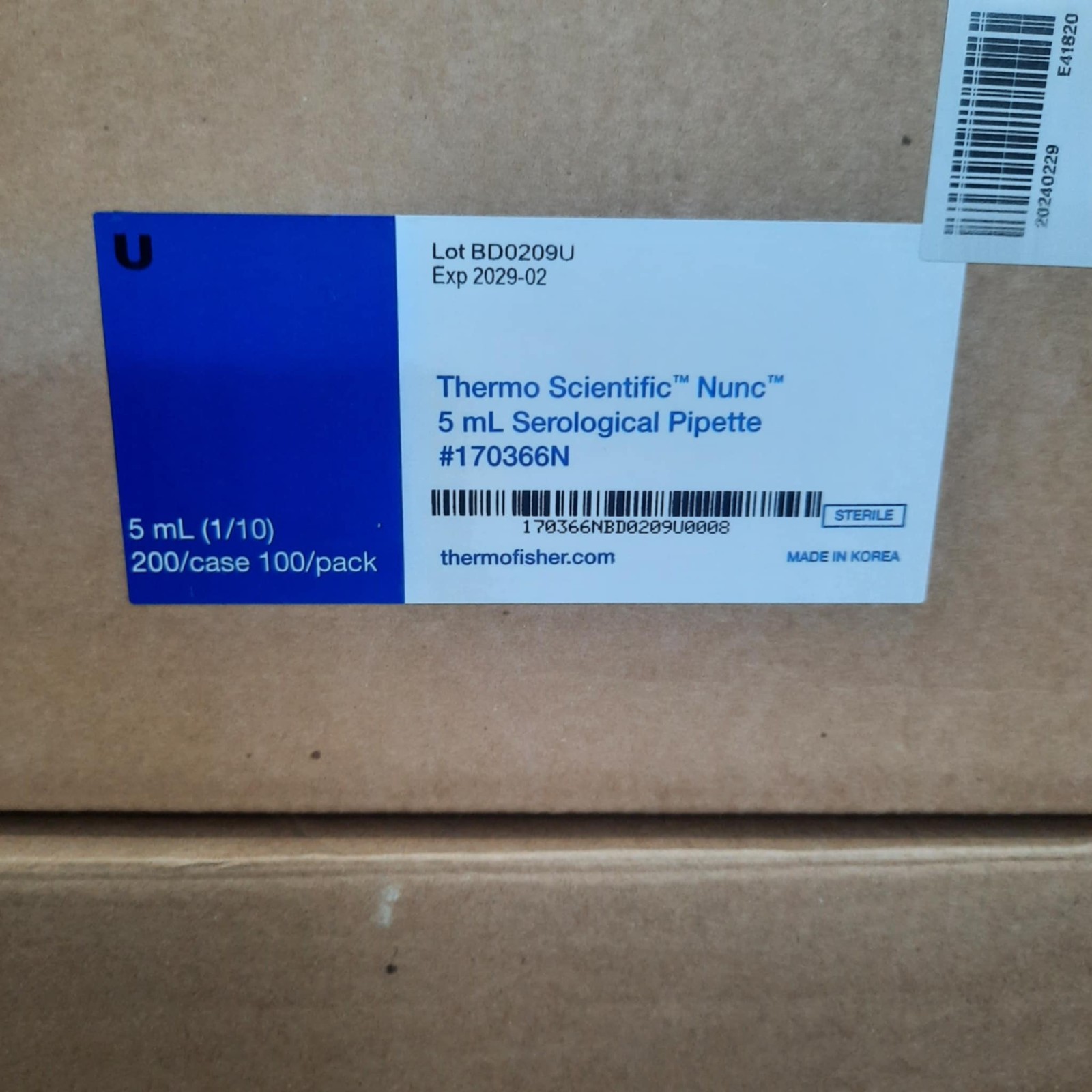 Thermo Scientific Nunc 5 mL Serological Pipette #170366N, 200/Case, Exp 02/2029
