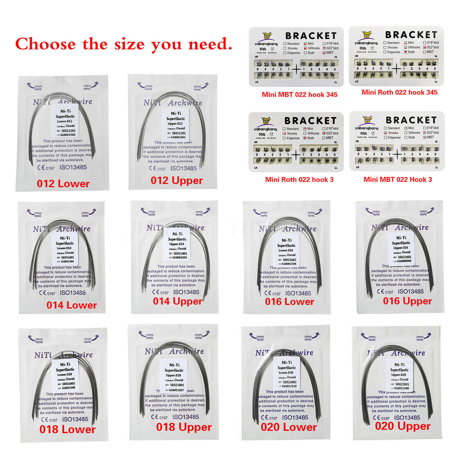 10pack Dental Orthos Bracket Braces Roth/MBT 022 Slot 3/3-4-5Hook/1pack Archwire