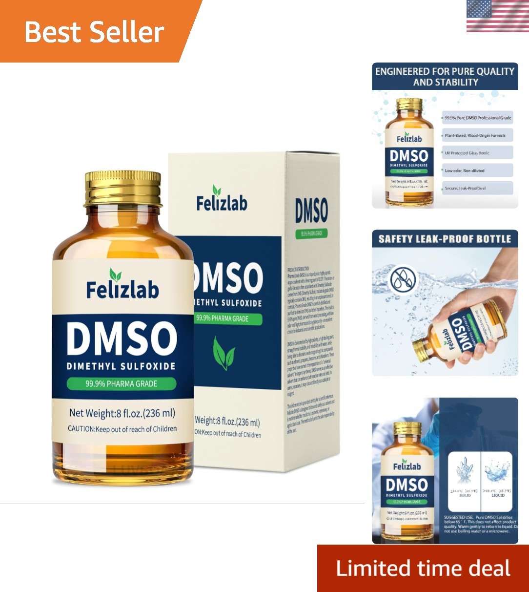 DMSO Liquid 99.9% Pure Dimethyl Sulfoxide, 8 fl oz, Undiluted, Low Odor, High…