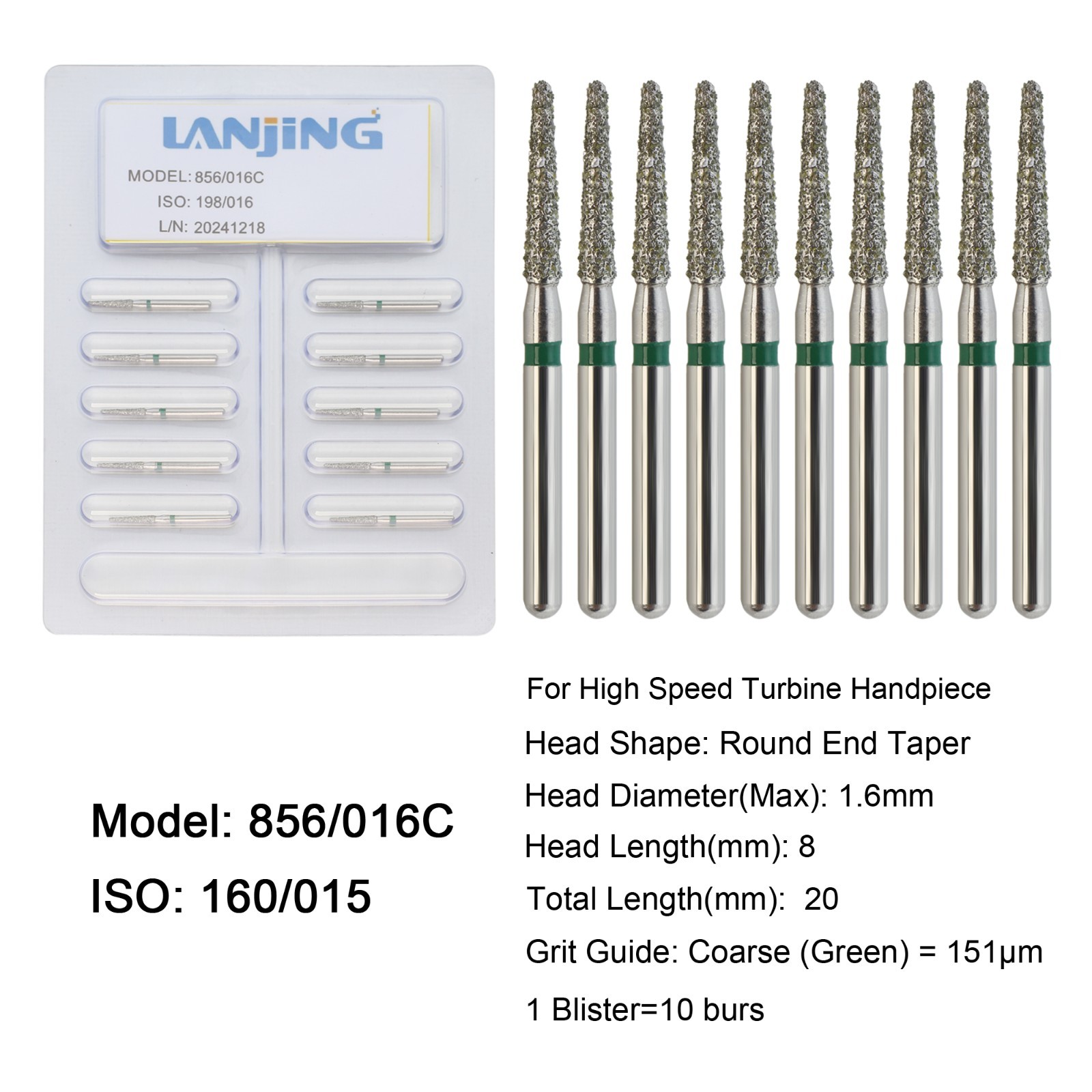 Dental Diamond Bur FG Round End Taper Diamond Burs Coarse 856/016C High Speed