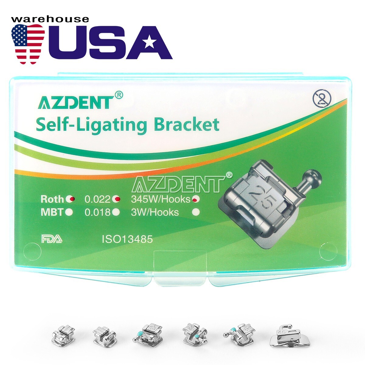 AZDENT Dental Ortho Self-Ligating Metal Bracket Braces MINI Roth 0.022 Hooks 345