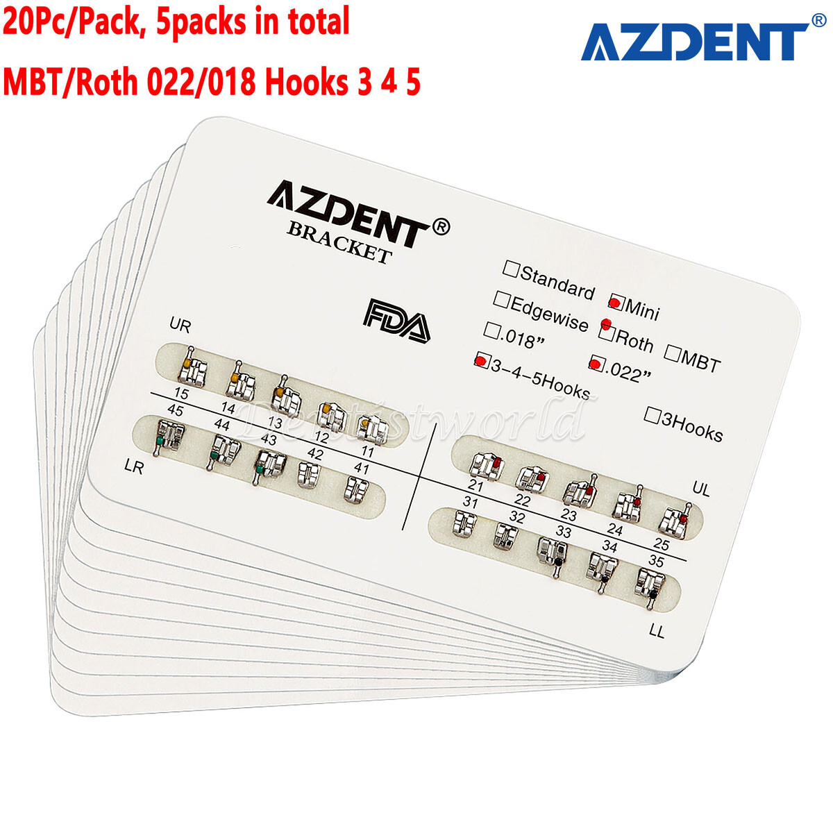 5Packs AZDENT Dental Ortho Brackets Mini/Standard MBT/Roth 022/018 Hooks 3 4 5