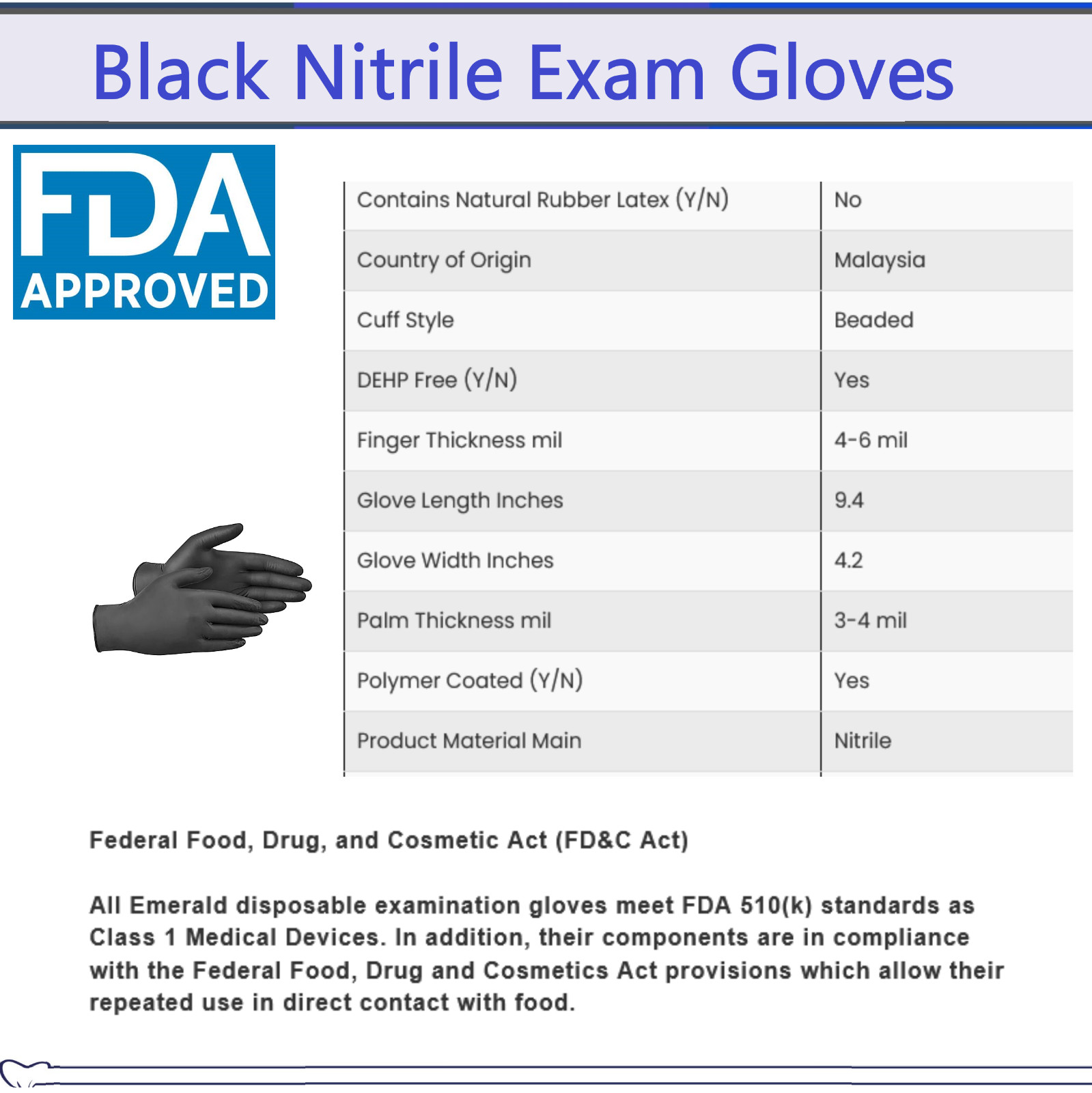 Emerald Black Nitrile Medical Gloves FDA Powder & Latex Free Disposable 3 mil