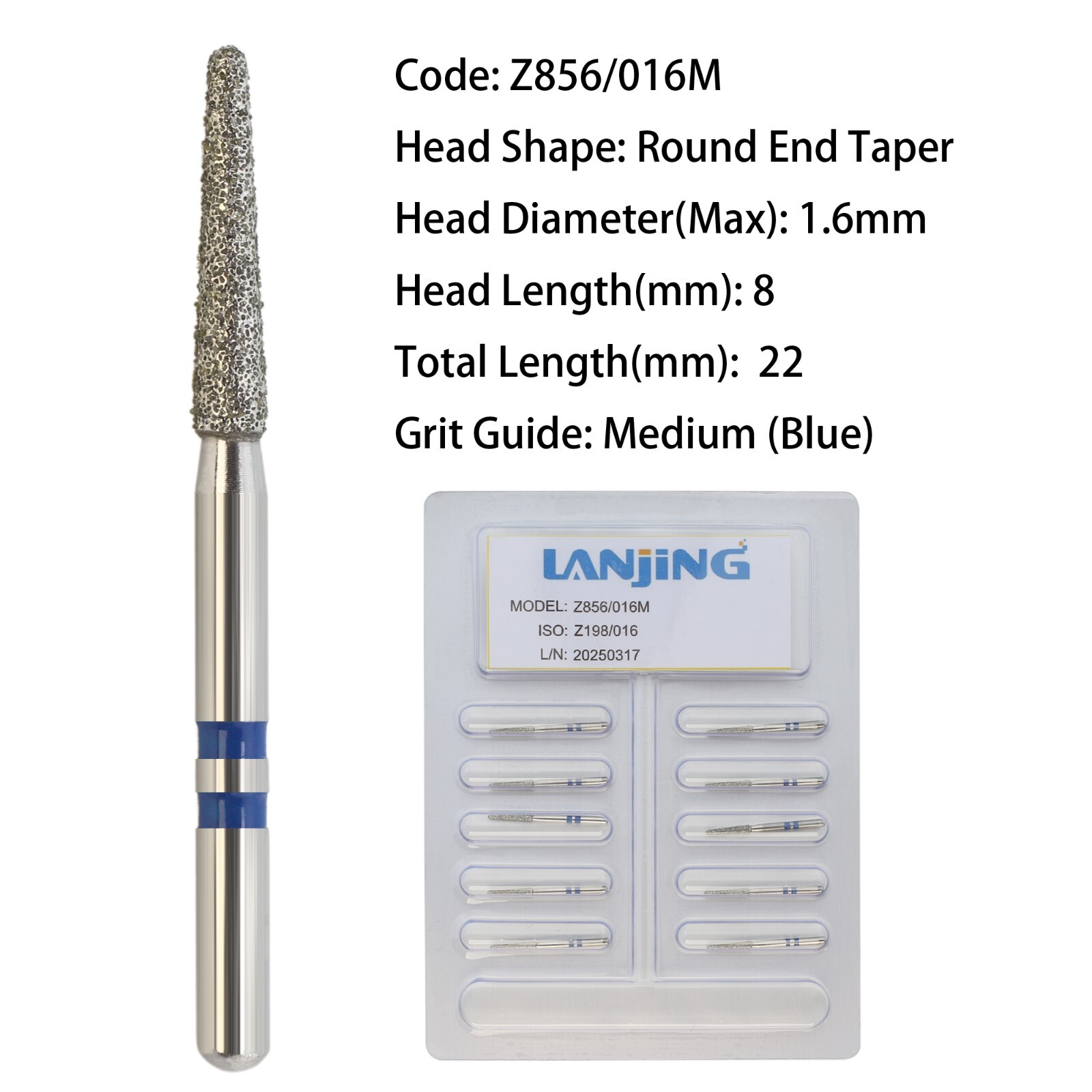 Diamond Burs for Zirconia Z856/016M Round End Taper Medium Grit Cutting Dental