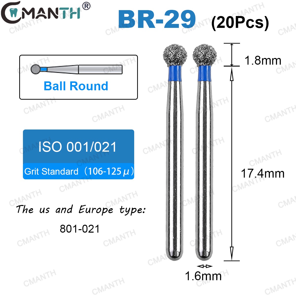 US Dental FG Diamond Burs Friction Grip 1.6MM Bur Standard For High Speed 20PCS