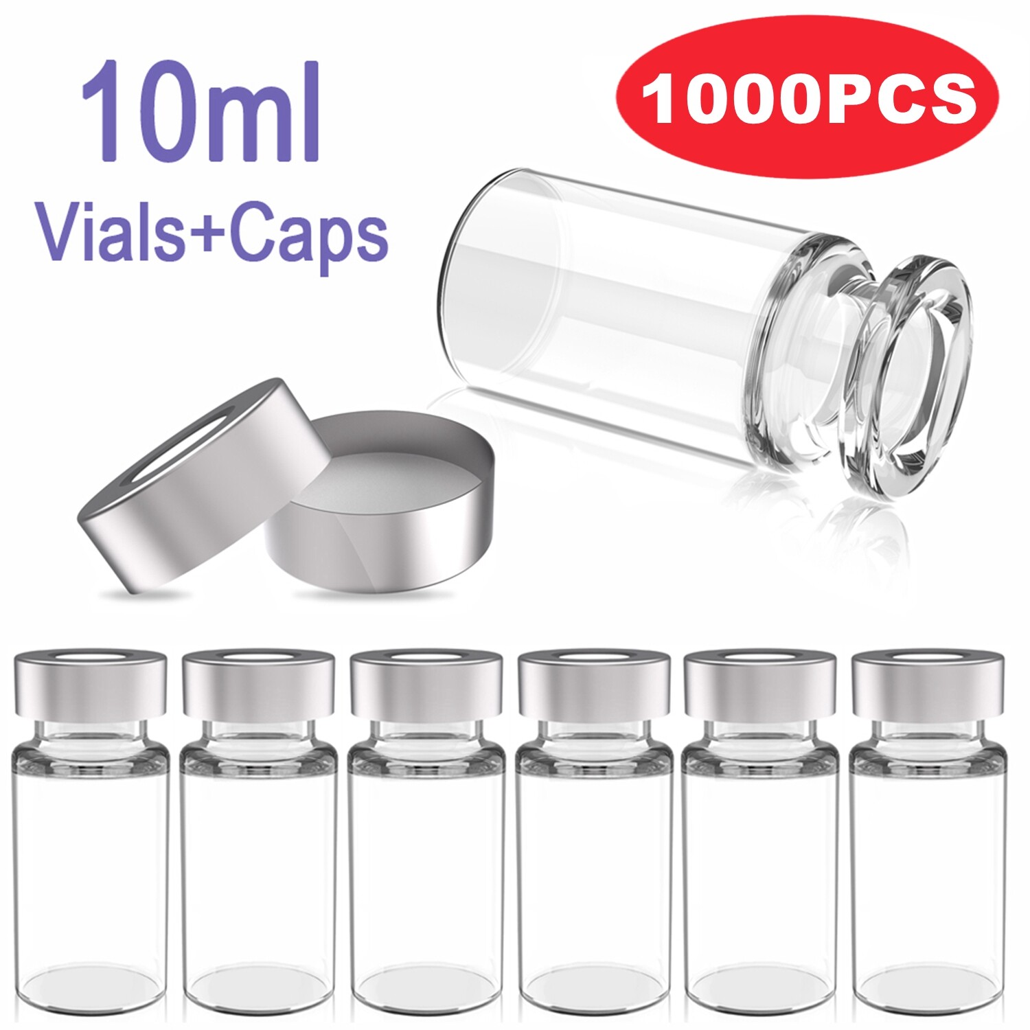 1000pcs 10mL Sample Vials Caps Crimp Top 20mm Clear Headspace Beveled Edge Glass