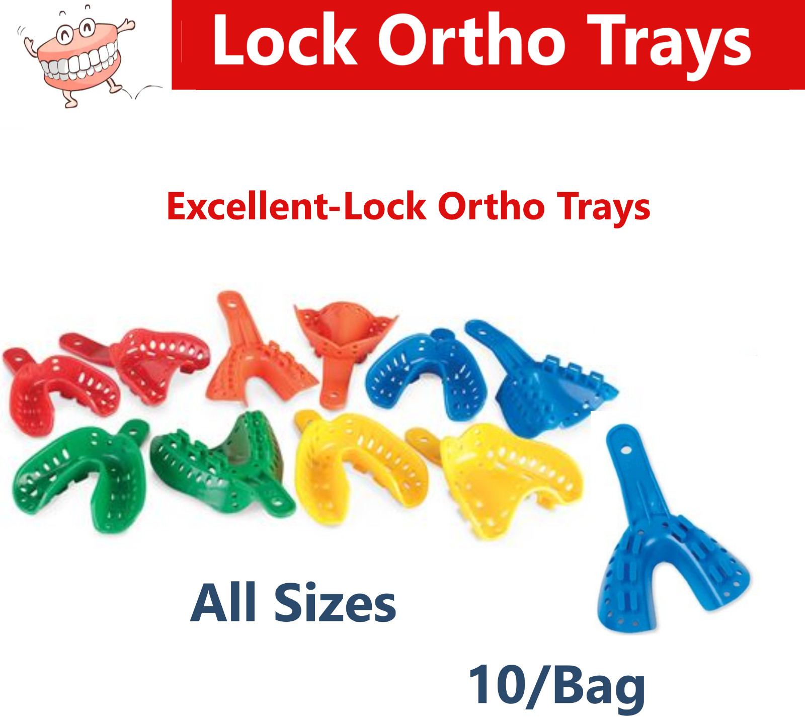 Dental Alginate Lock Ortho Impression Trays Pediatric/Adult, Upper/Lower, 10/Bg