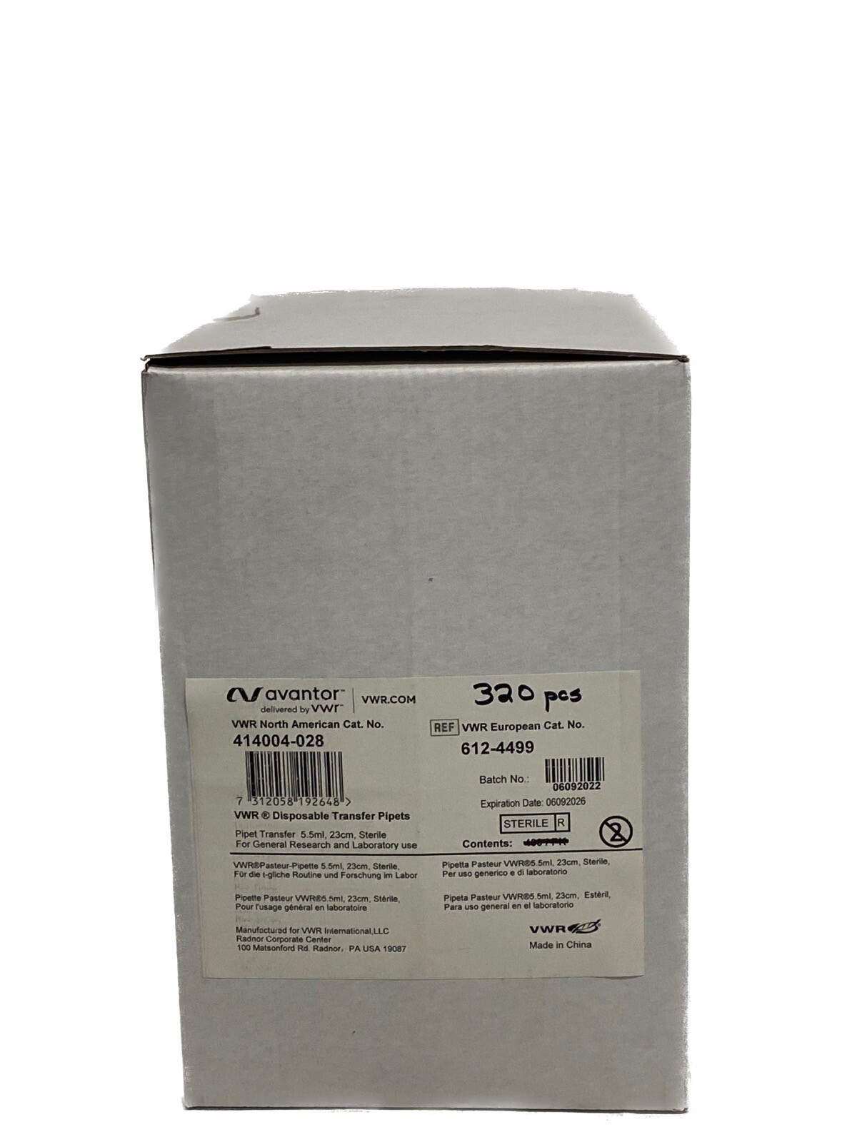 (320) AVANTOR 9” 5.5mL Disposable LDPE Transfer Pipets w/ Long Tip 414004-028