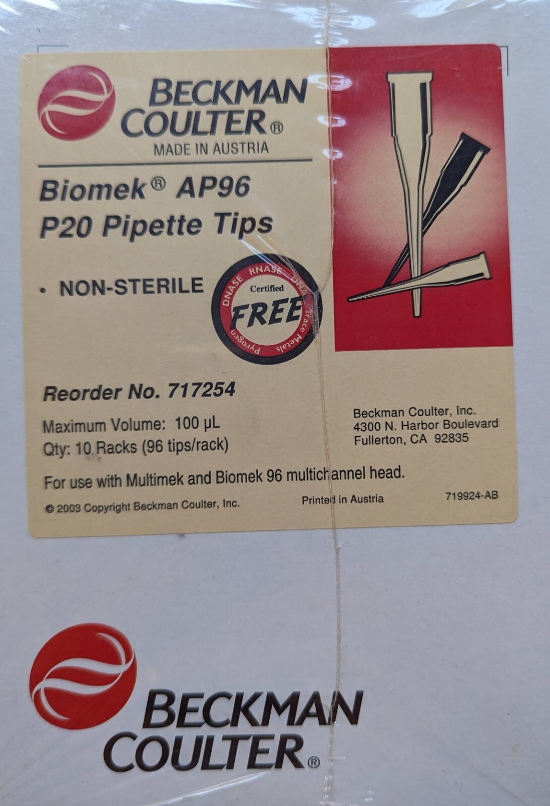 Beckman Coulter AP96 P20 Pipette Tips 100 ul 10 Racks with 96 Tips NEW 717254