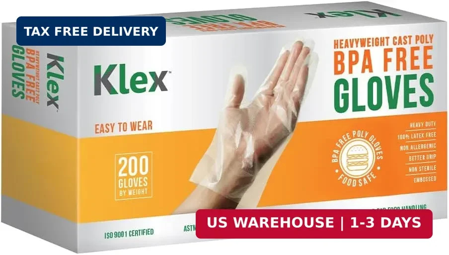 Klex 1000 BPA Free Disposable Heavyweight Cast Poly CPE Gloves, Embossed PE Plas