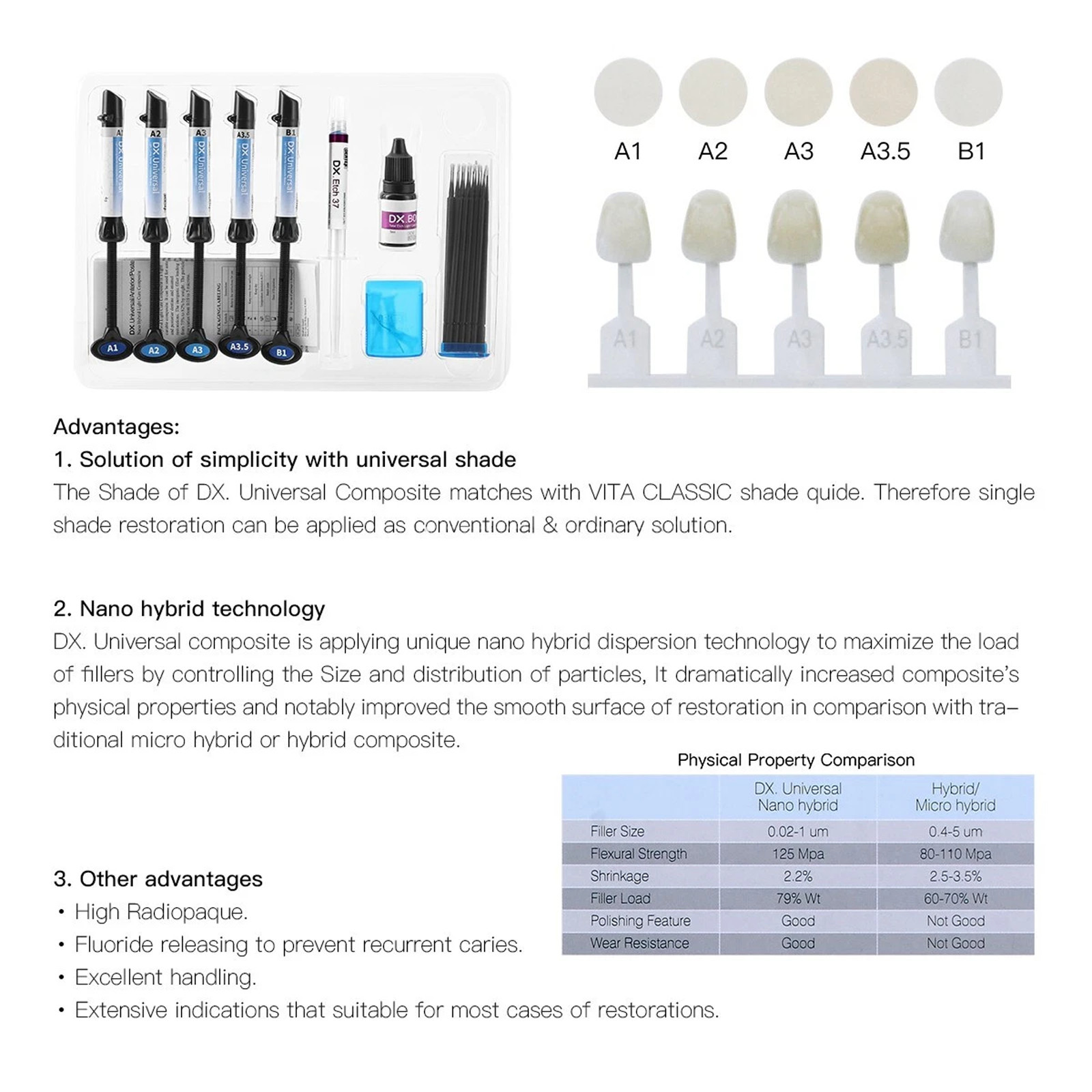 Kit de resina de compuesto de cura dental Dentex Light Shade A1 A2 A3 A3.5 B1