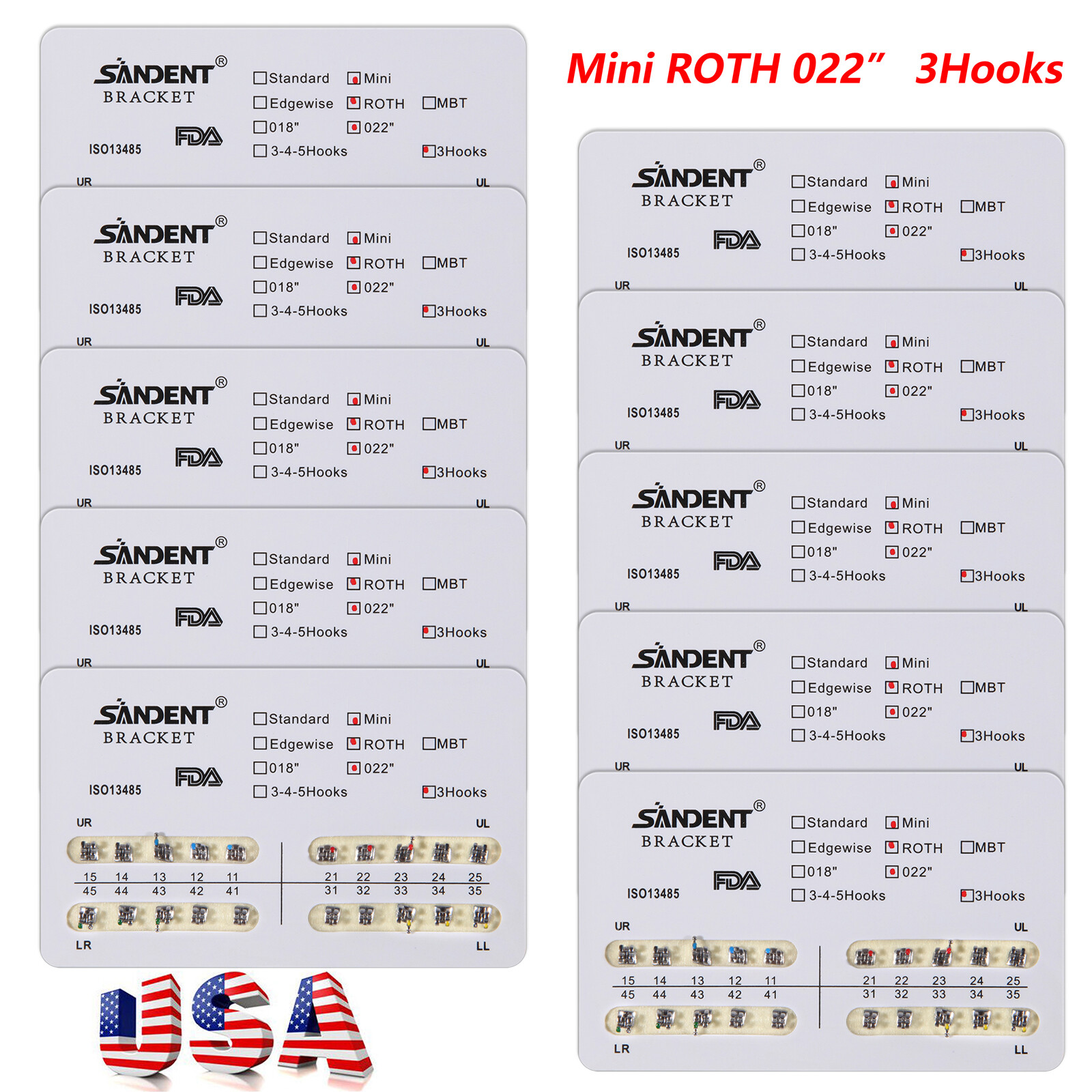 10 Packs Orthodontics Metal Mini Roth 022 Slot with 3 Hooks Brackets Braces USA