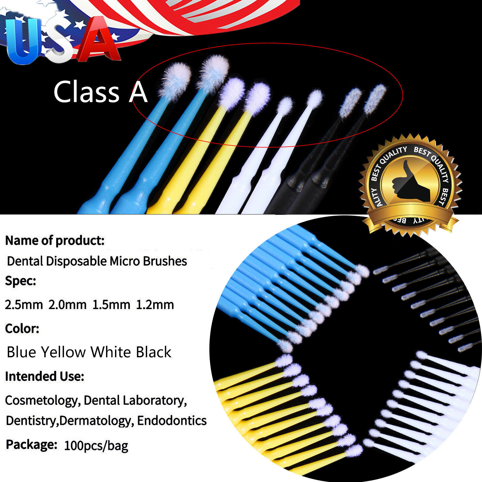 100-1000pcs Dental Microbrush Micro Brush Applicators Tips 2.5/2.0/1.5/1.2mm