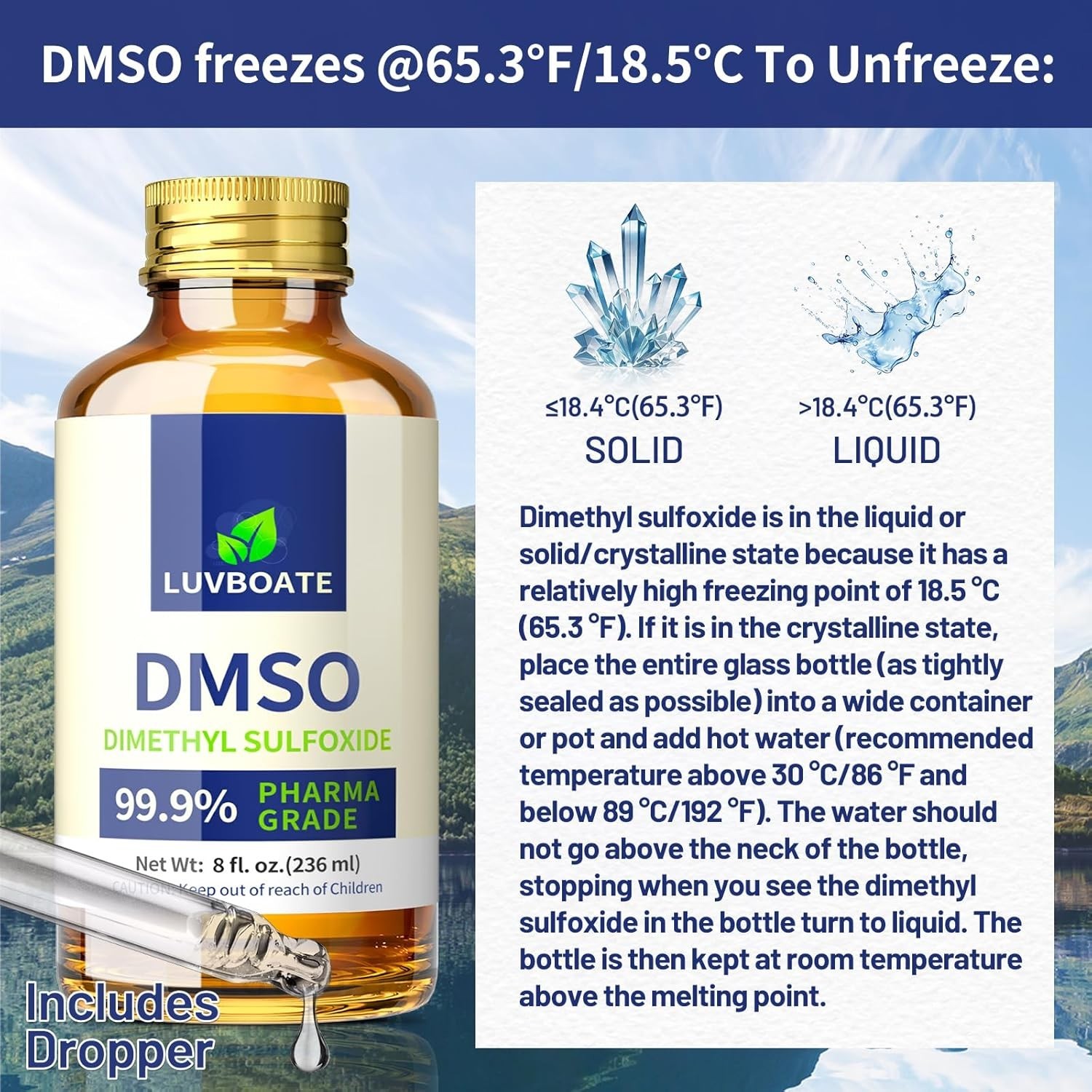 DMSO 99.9% Pharma Grade, Pure Liquid Dimethyl Sulfoxide 16 fl.oz in Glass Bot…