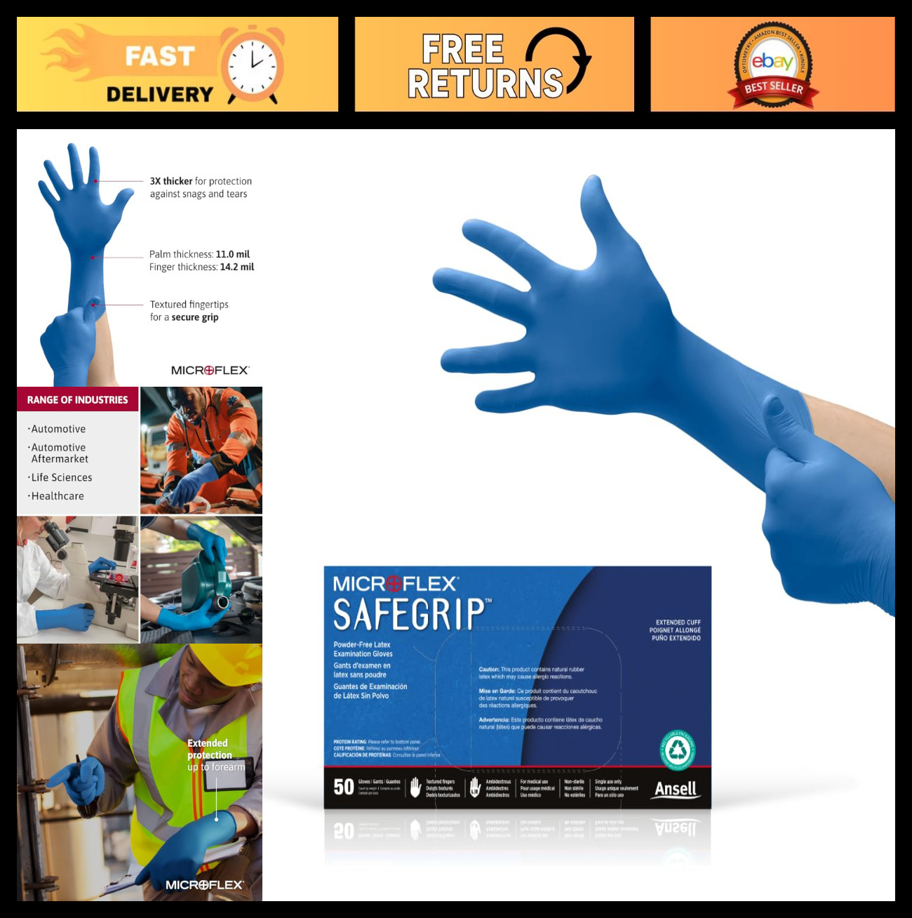 Extra Thick Disposable Latex Gloves – Textured Fingertips, Medium Blue, 50 Pack