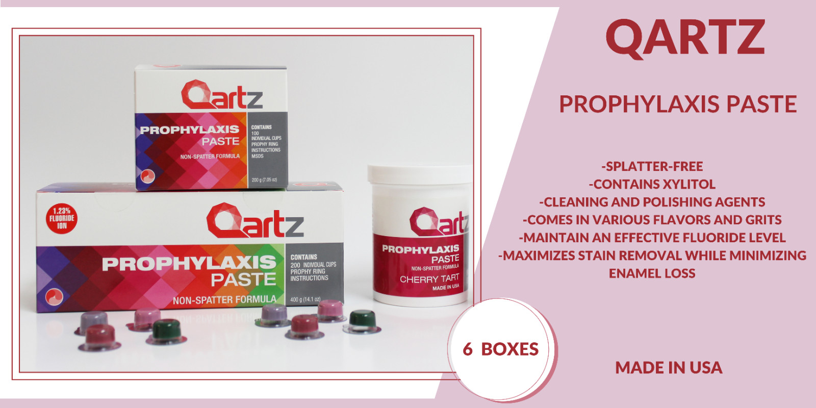 QARTZ PROPHY PASTE CUPS CHERRY MEDIUM 200/BOX DENTAL W/FLOURIDE – 6 BOXES