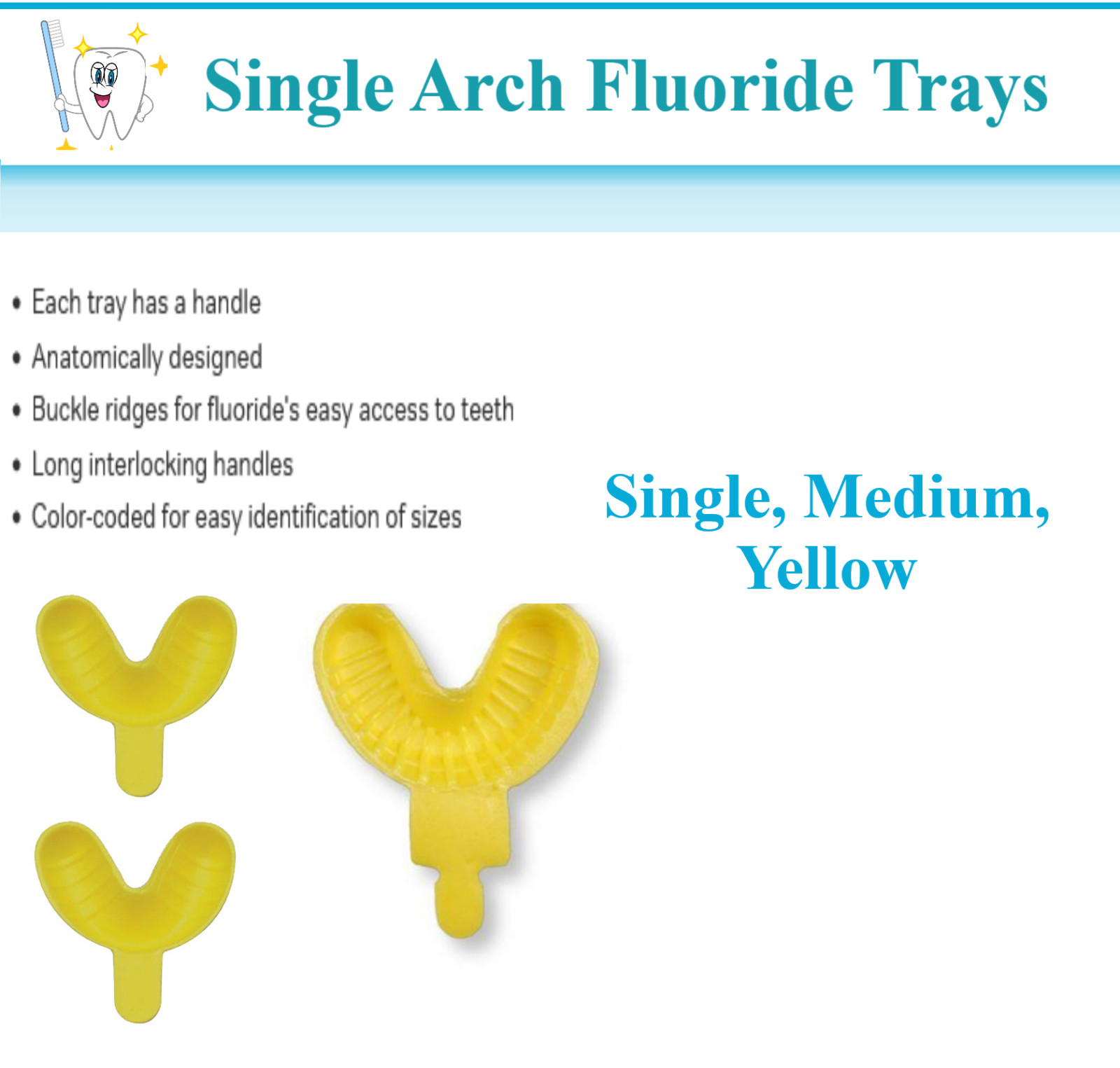 DENTAL FLUORIDE DISPOSABLE SINGLE ARCH TRAYS FOR GEL OR FOAM 50/pk SIZE MEDIUM