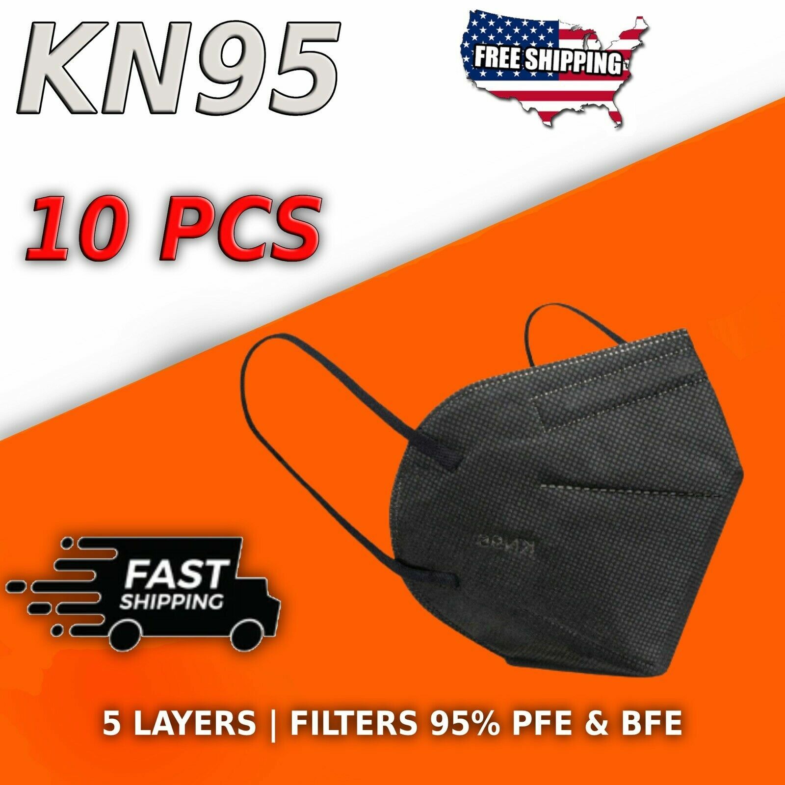 10Pcs KN95 Face Mask 5 Layer BFE 95% Disposable Respiratory Non Medical-Black