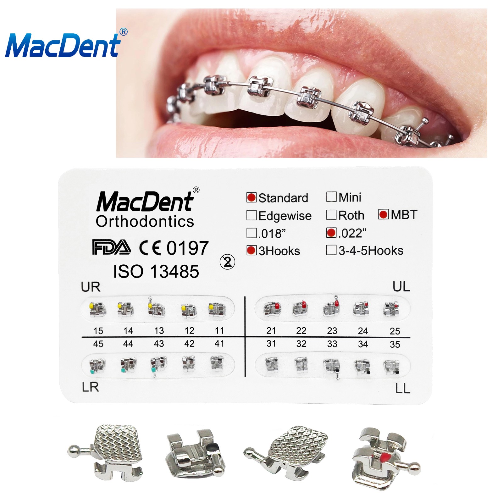 MacDent Dental Orthodontic Metal Brackets Braces Standard MBT 022 Hooks 345/3