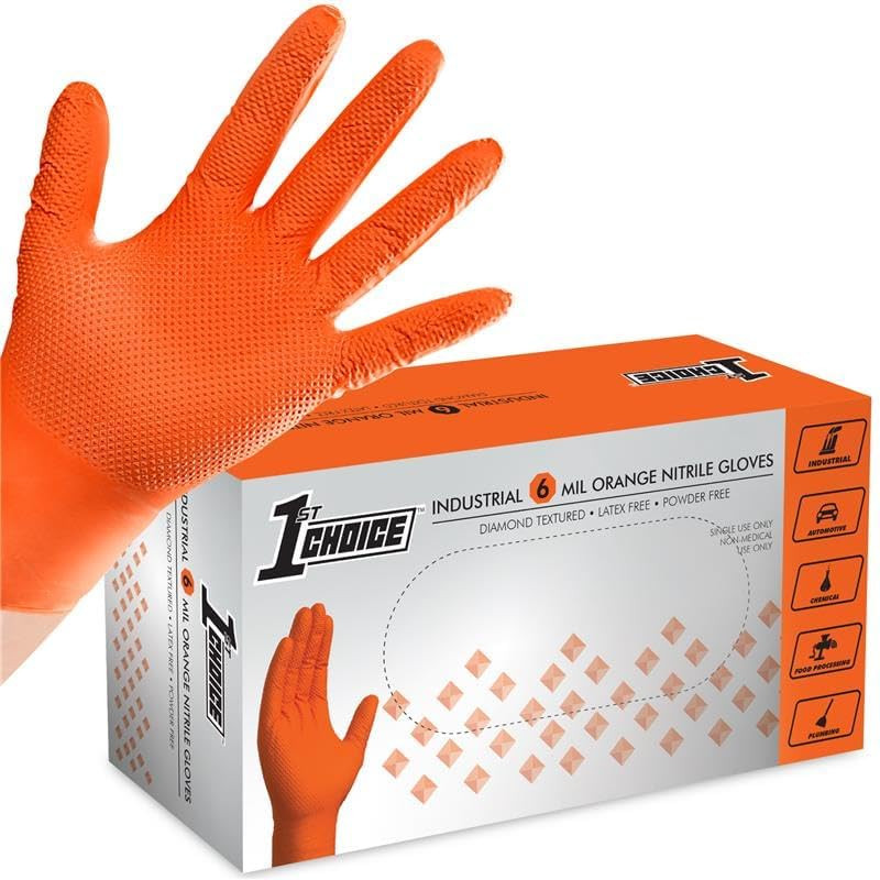 6 Mil Orange Gloves, Disposable, Latex Free, Raised Diamond Grip, Mechanic Glove