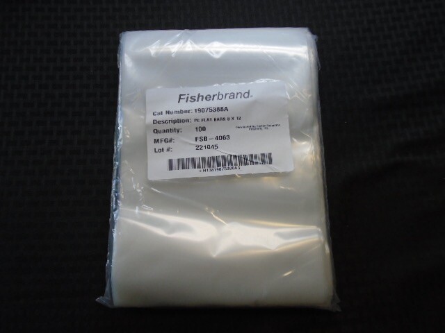 FISHERBRAND 8” x 12” Polyethylene Flat Bags 4mil for Storage FSB-4063 100Bgs/Pk