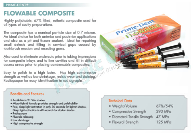 Prime-Dent Flowable Light Cure Dental Composite 4 Syringe Kit Assorted #004-010