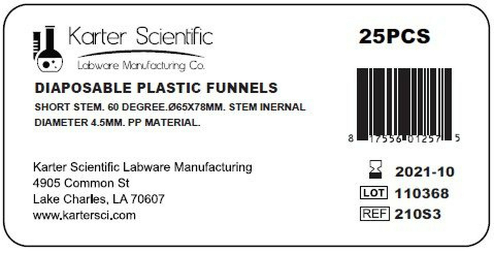 Karter Scientific 210S3 Natural PP Plastic Funnels, Short Stem, 65mm (Pack 25)