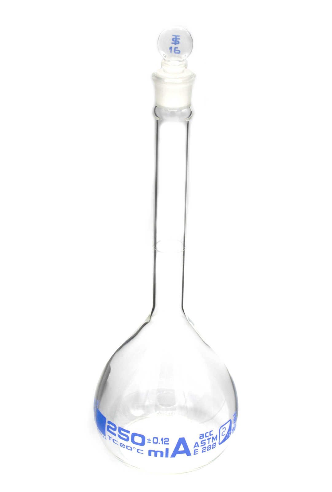 250ml Volumetric Flask with Glass Stopper, Class A, ASTM – Tolerance ±0.120 ml