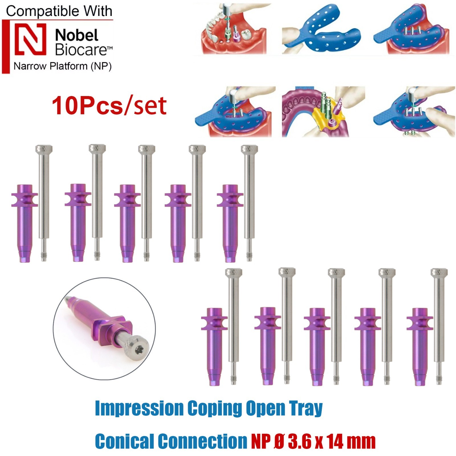 US 10Pcs Impression Transfer Coping Open Closed Tray fits Nobel Active NP RP Hex