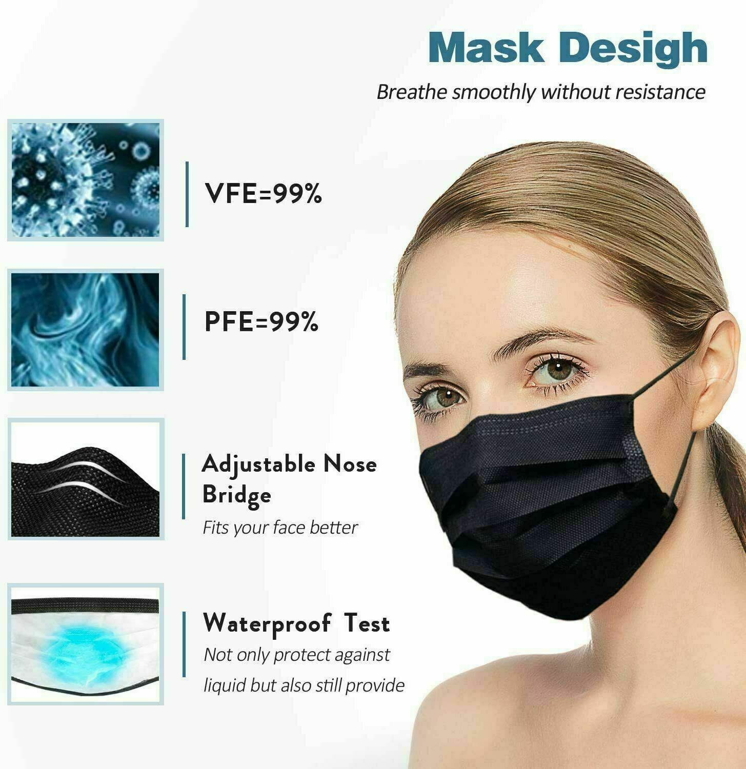 10,50,100,200 Black Disposable Medical Face Mask 3 Layer C.E Approval FFP2