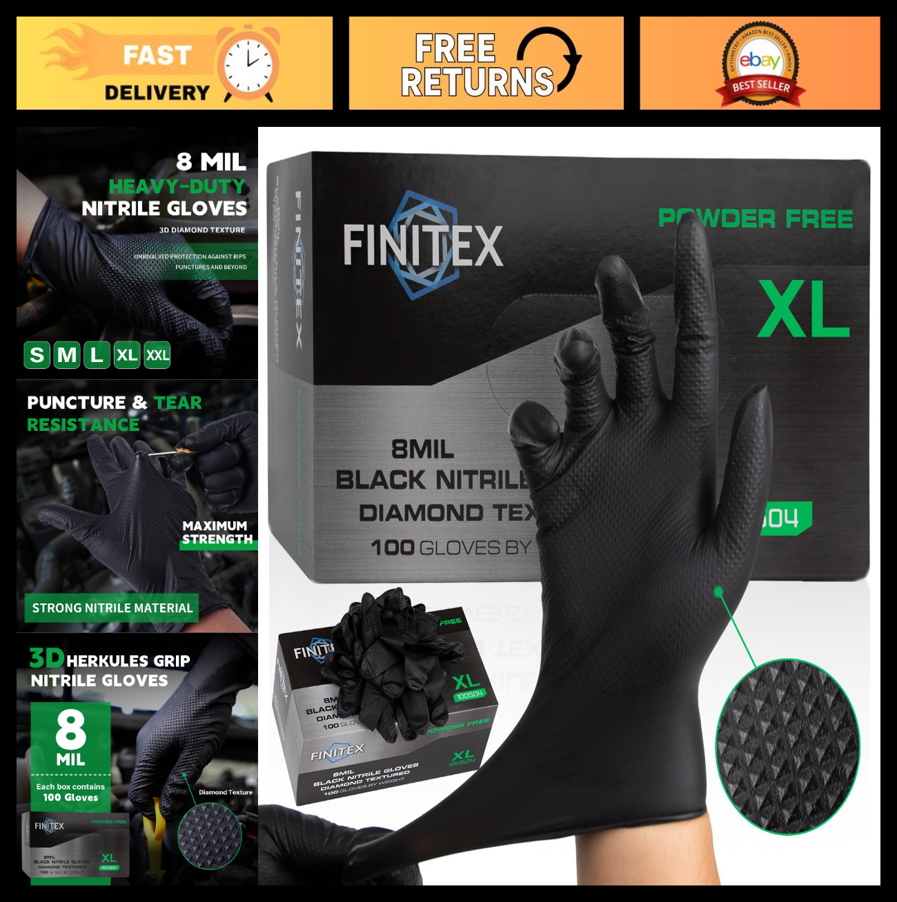 Industrial Diamond Texture Nitrile Gloves – 100/1000PCS, 8mil, Chemical Resistan