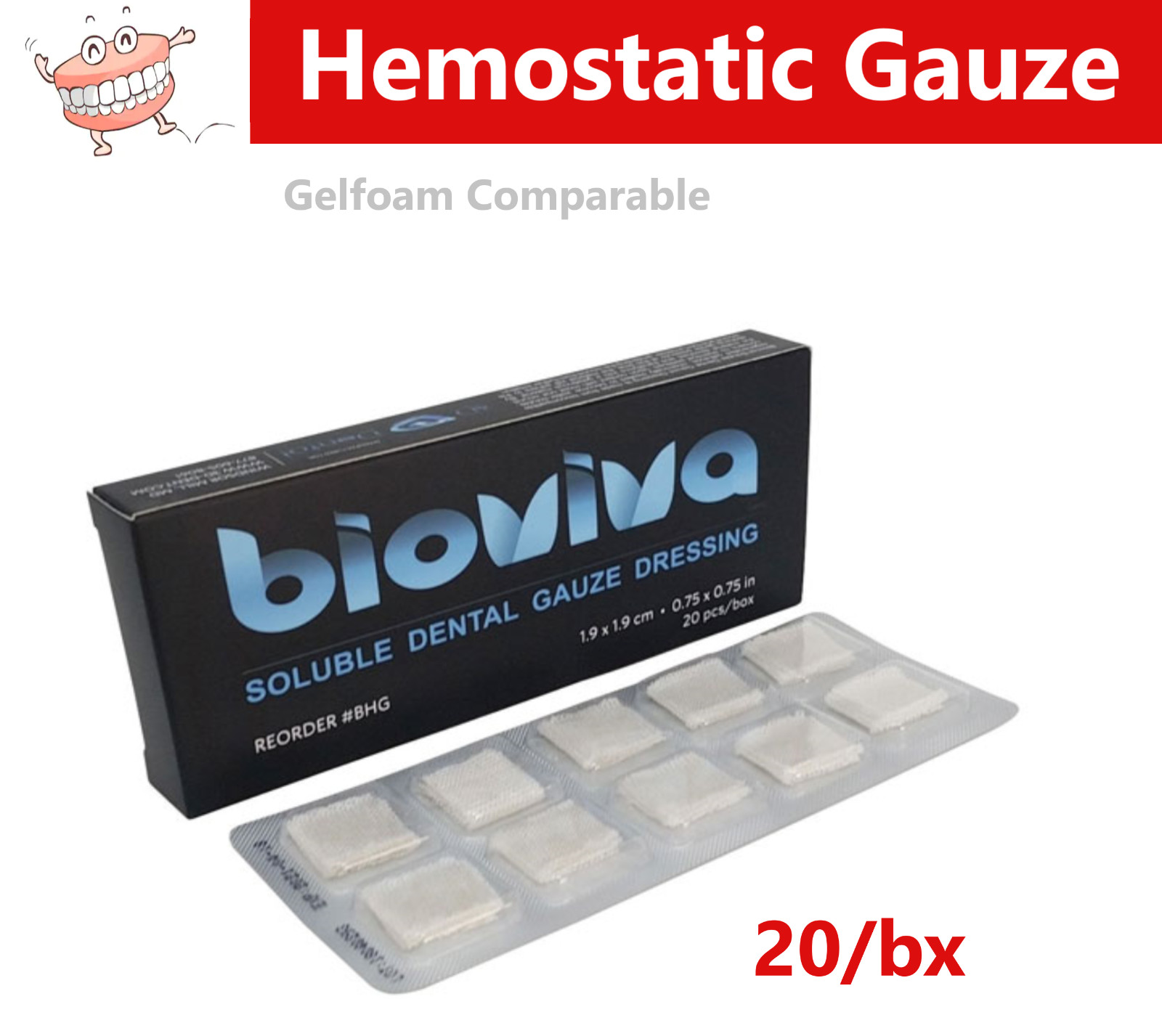 Dental SafeGauze Type Bioviva HemoStat Topical Hemostatic Dressing Sterile, 20Bx