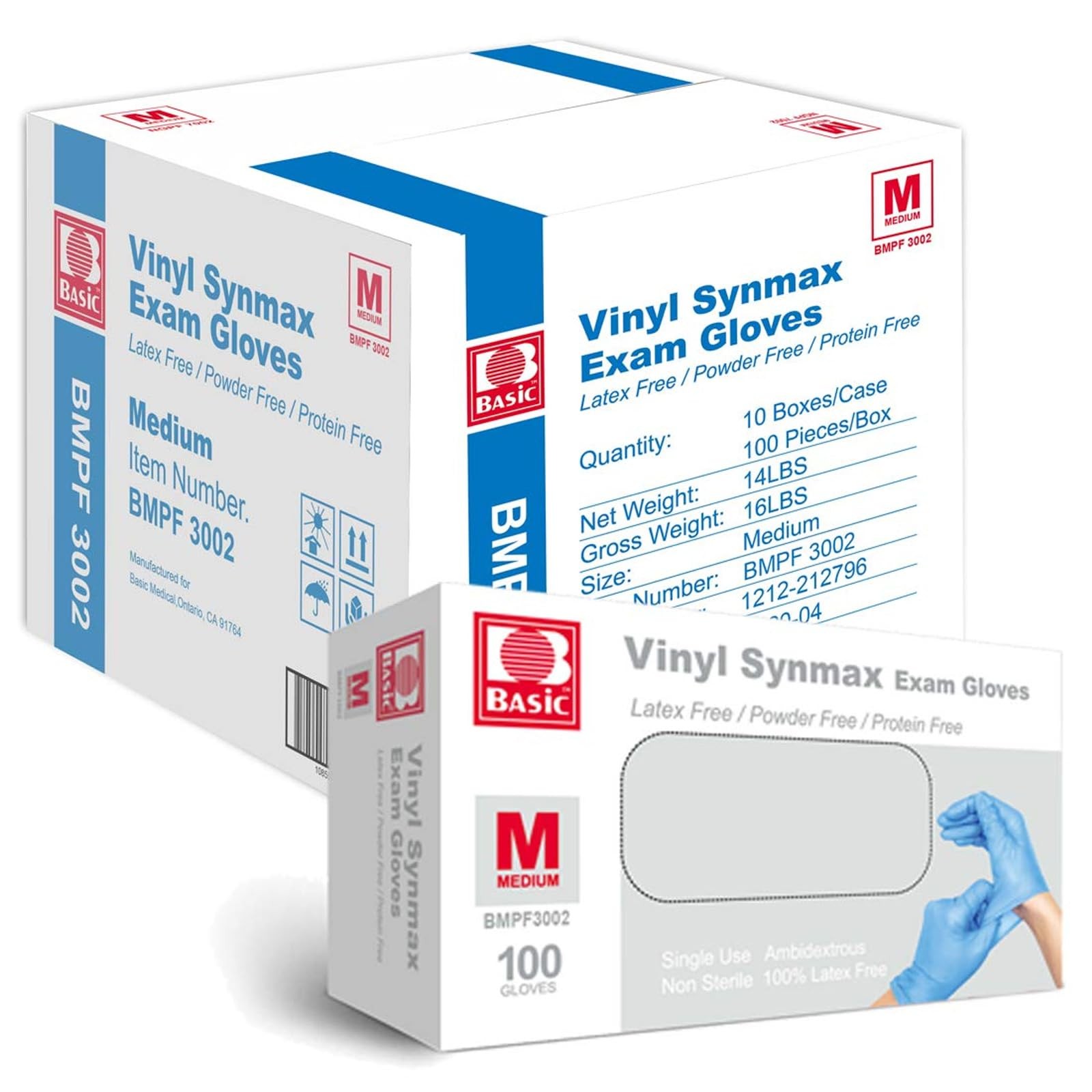 Basic Medical Synmax Vinyl Exam Gloves – Latex-Free & Powder-Free – Medium, B…