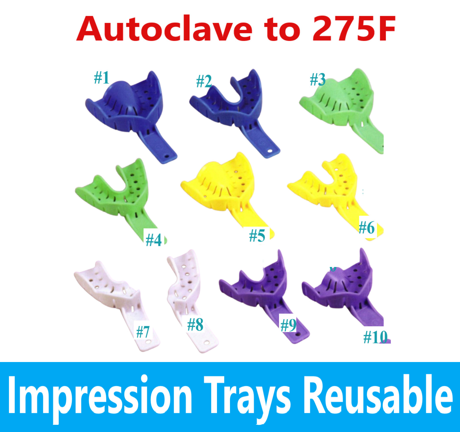 Dental Impression Trays Autoclave to 275F, Color Coded, Upper Lower, 12Pcs/Bag