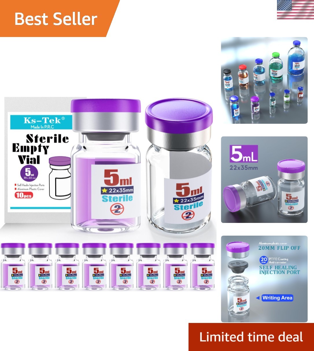 10-Pack Sterile 5ml Glass Vials with Self-Healing Injection Port & Cap