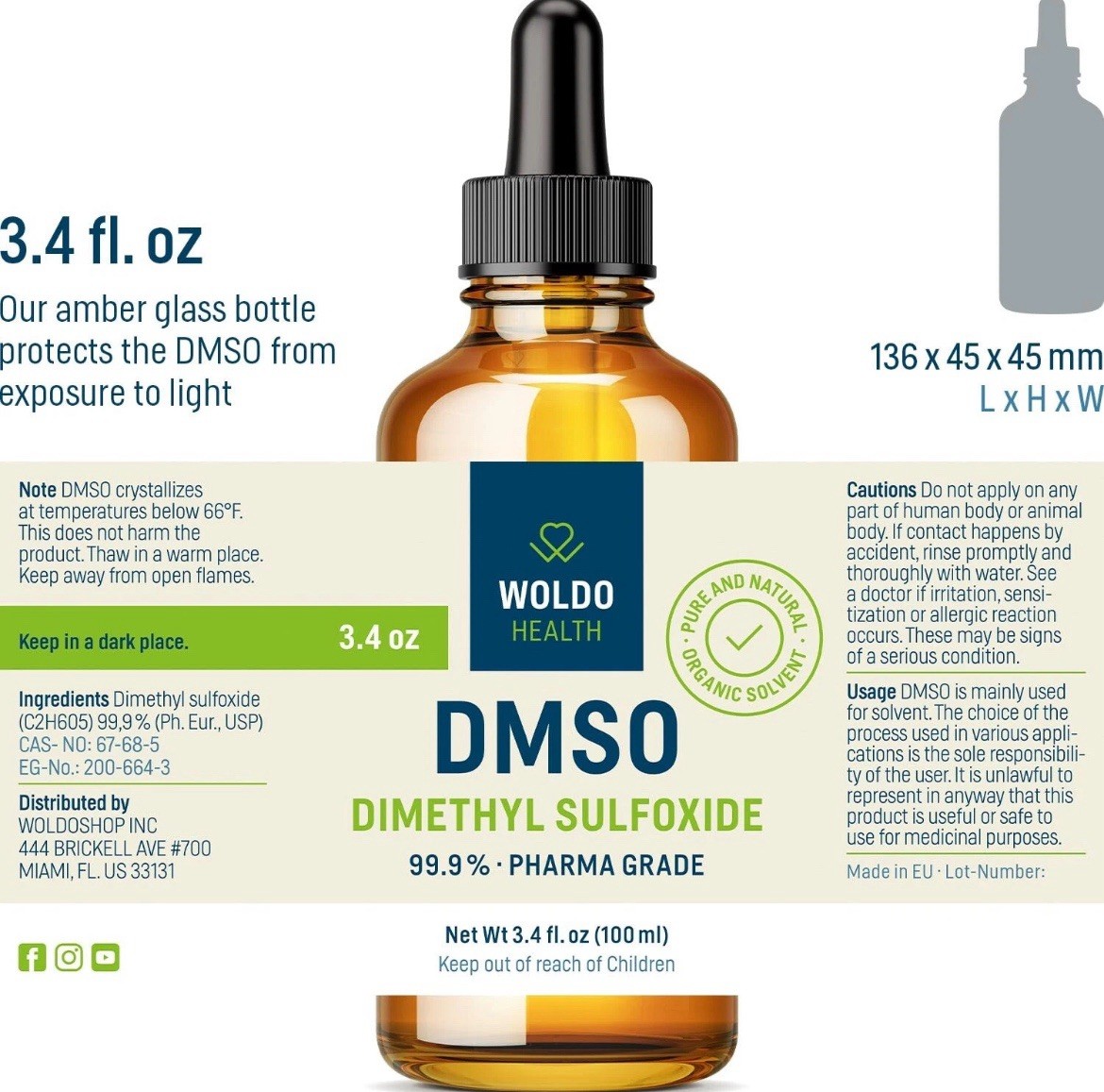 DMSO (Dimethyl Sulfoxide) 99.9% Pharmaceutical Grade 3.38Oz – Glass Bottle wi…