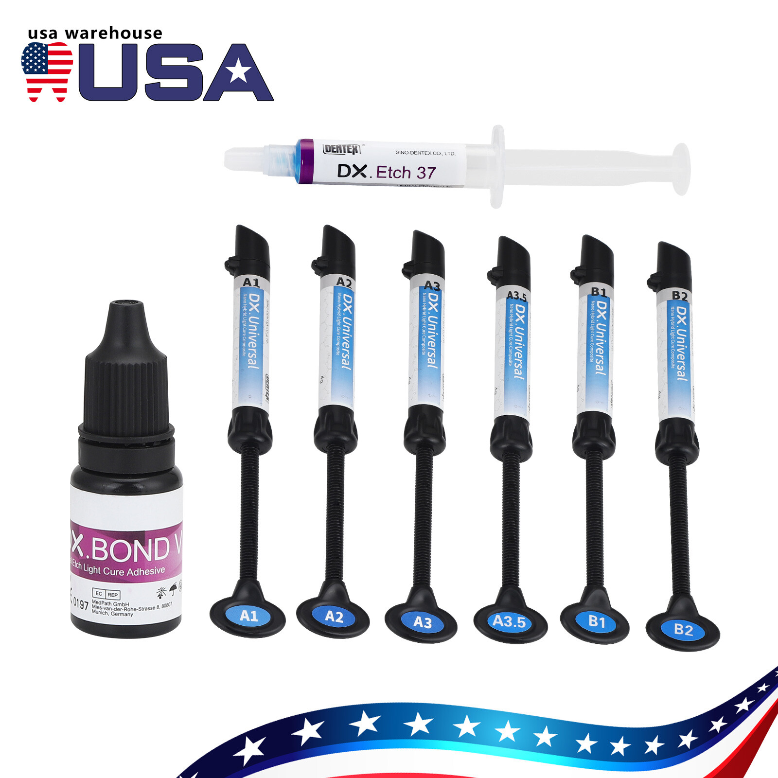 US Dental Universal Light Cure Composite Kit Shade A1 A2 A3 A3.5 B1 B2
