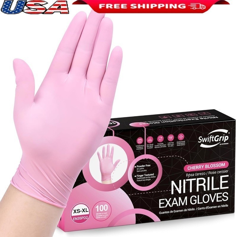 Pink Nitrile Disposable Gloves Powder Free Food Safe Ambidextrous Latex Allergy