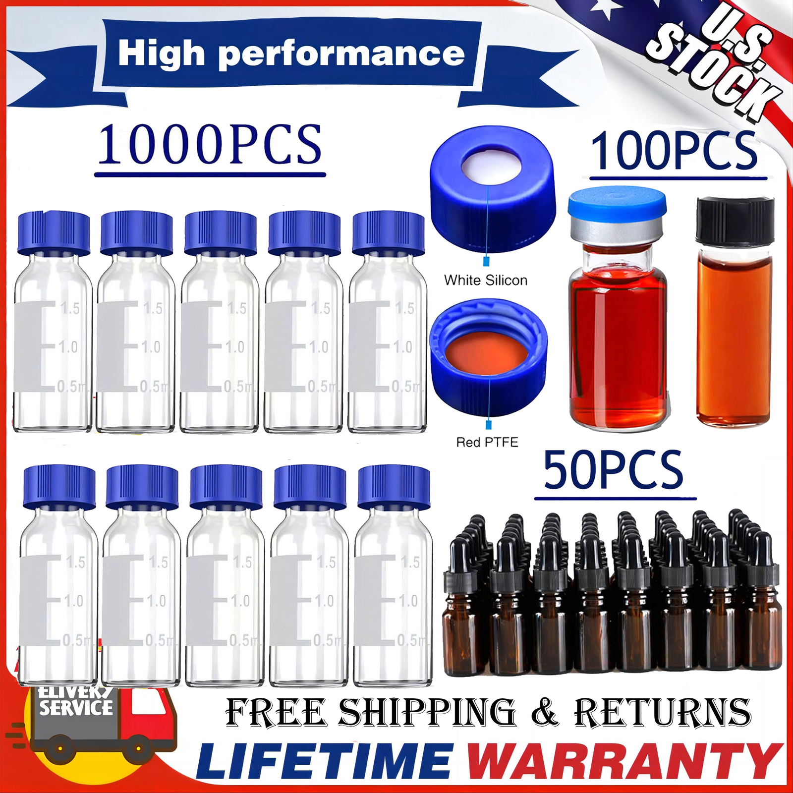 1000PCS 2ml Autosampler Vials+Pre-Slit Caps 9-425 Glass Bottle Screw Top HPLC GC