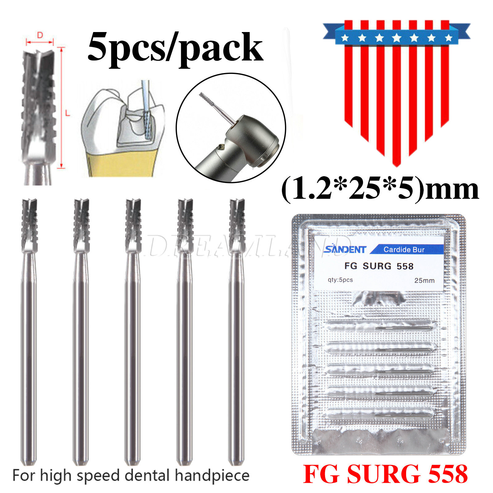 5pcs/pack Dental Carbide Burs Bits High Speed FG558 Ø1.2mm 6 Blades Fissure