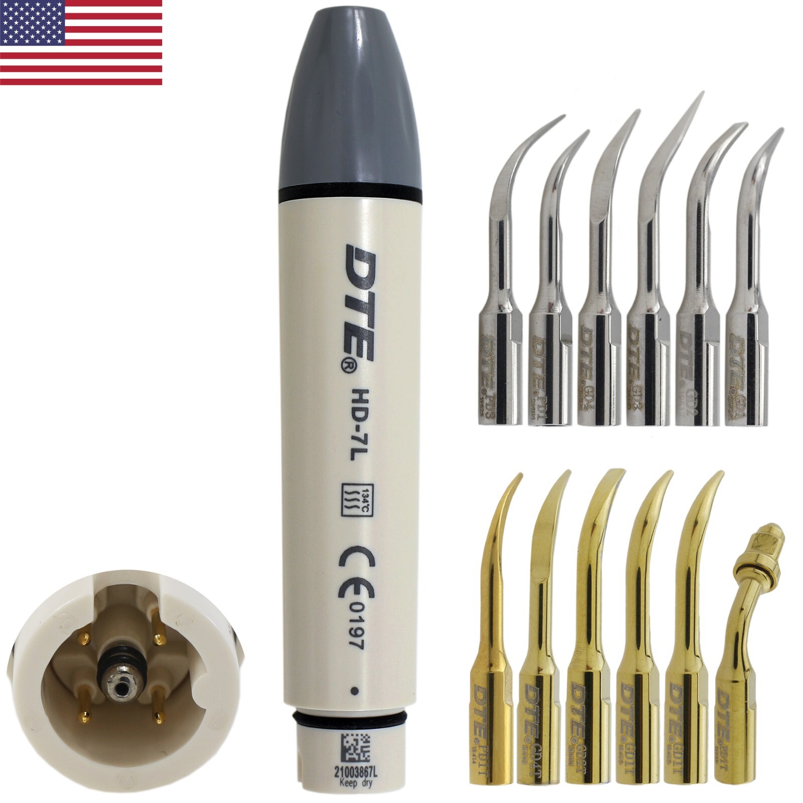 Woodpecker DTE HD-7L Dental Ultrasonic Scaler LED Handpiece Piezo Tips GD1 PD1