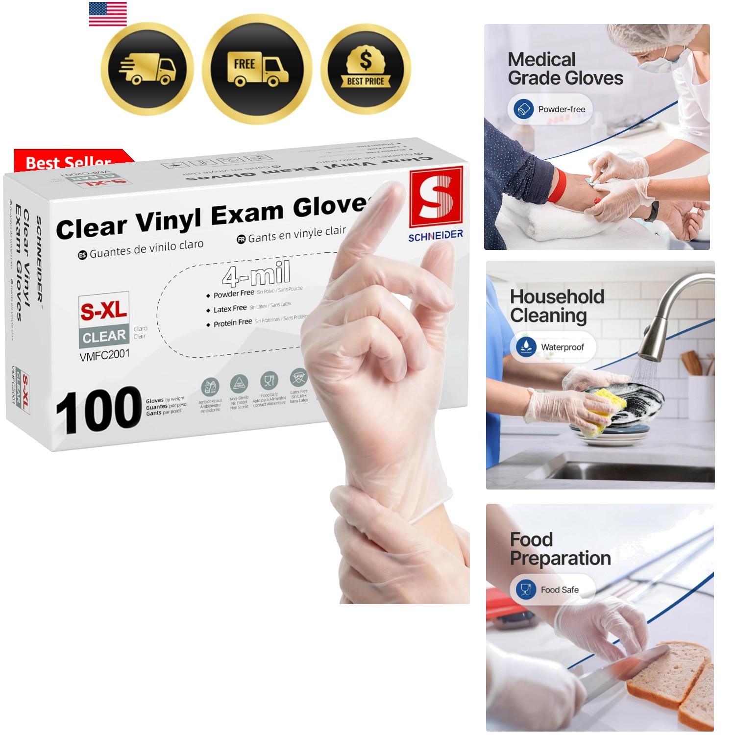 Clear Vinyl Exam Gloves, Latex-Free, Disposable Medical Gloves, Cleaning Glov…