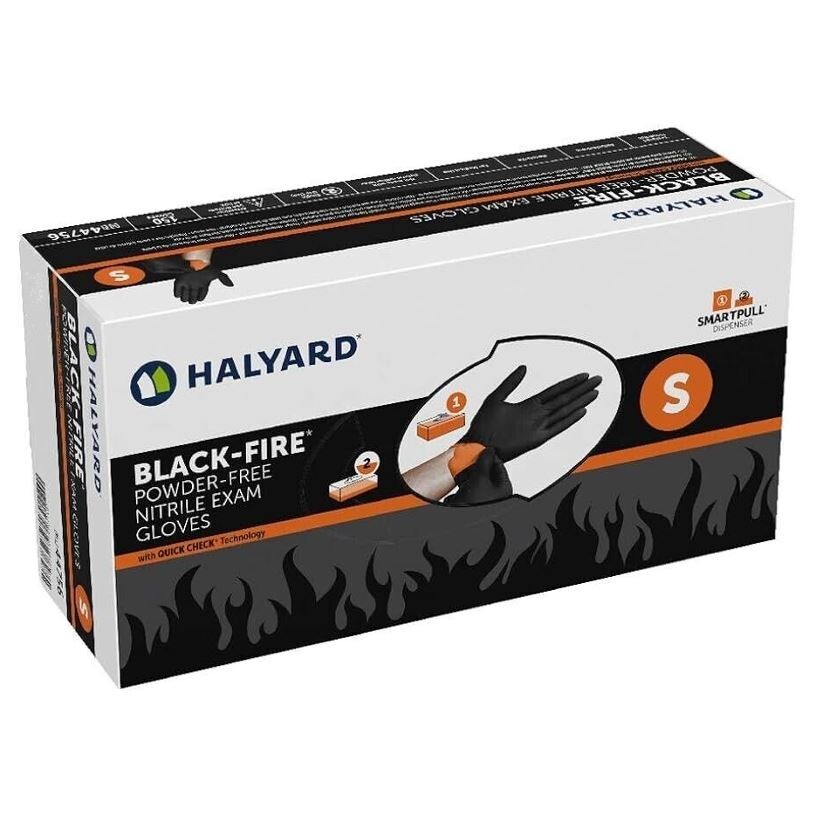 *150-Pieces* Halyard Black-Fire PF Nitrile Medical Exam Gloves Small 44756