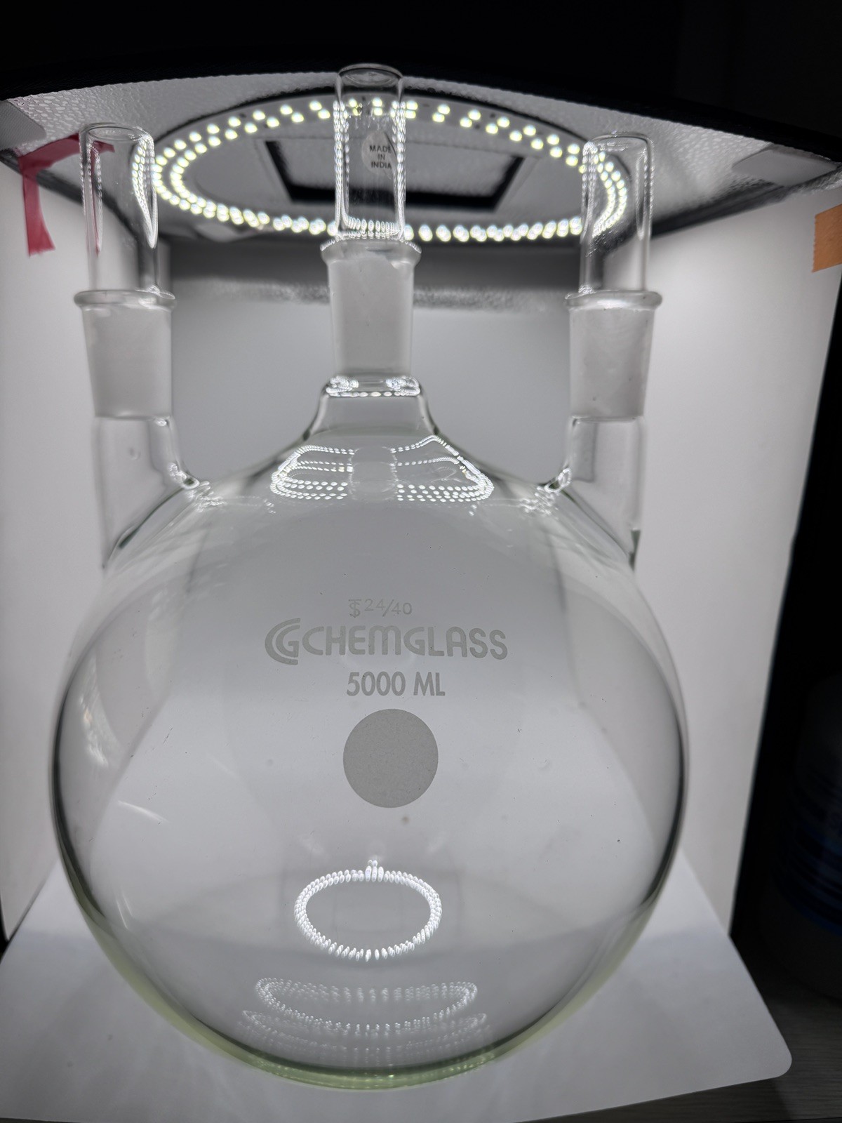 5000 ml Chemglass round bottom flask, 3-necks w/stoppers, 24/40 veritcal joints