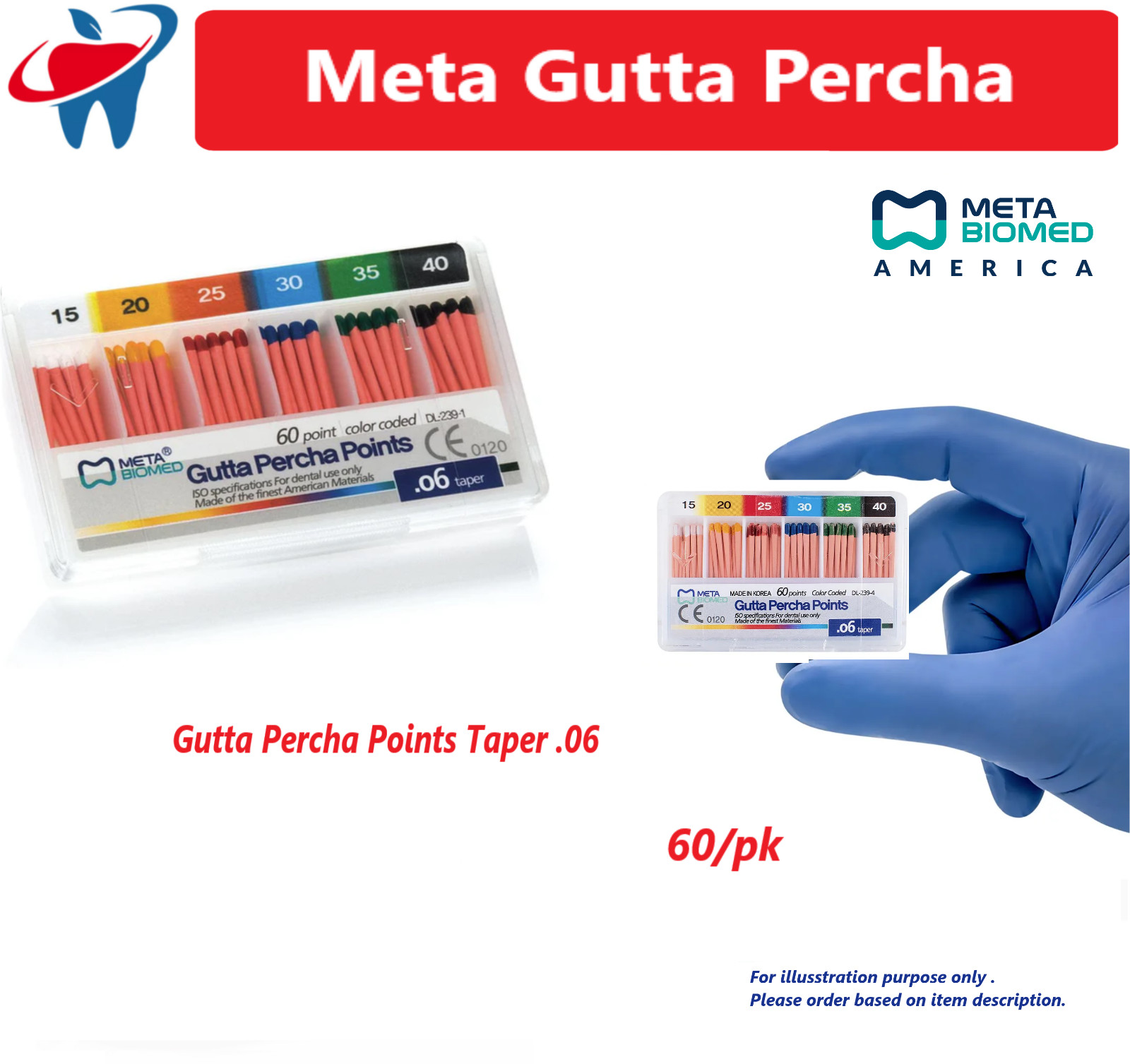 Gutta Percha Points Taper 0.4 / 0.6 /Standart, All Sizes Dental Endo Meta Biomed